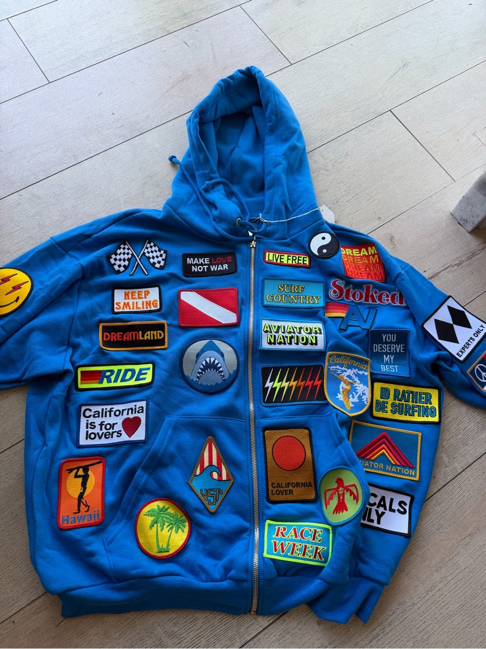 Aviator Nation Blue Patchwork Hoodie with Surf & Travel Patches